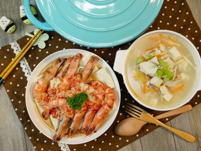 食譜-鯛魚豆腐羹+蒜蓉蒸蝦(一鍋兩菜)